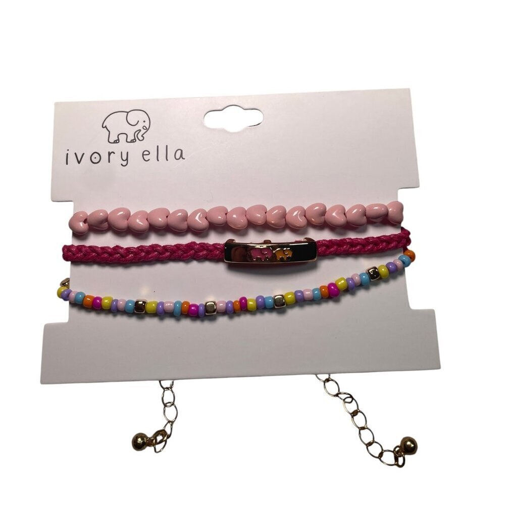 Ivory Ella Set of 3 Bracelets – Pink Hearts, Rope with Elephant Charm, Colorful